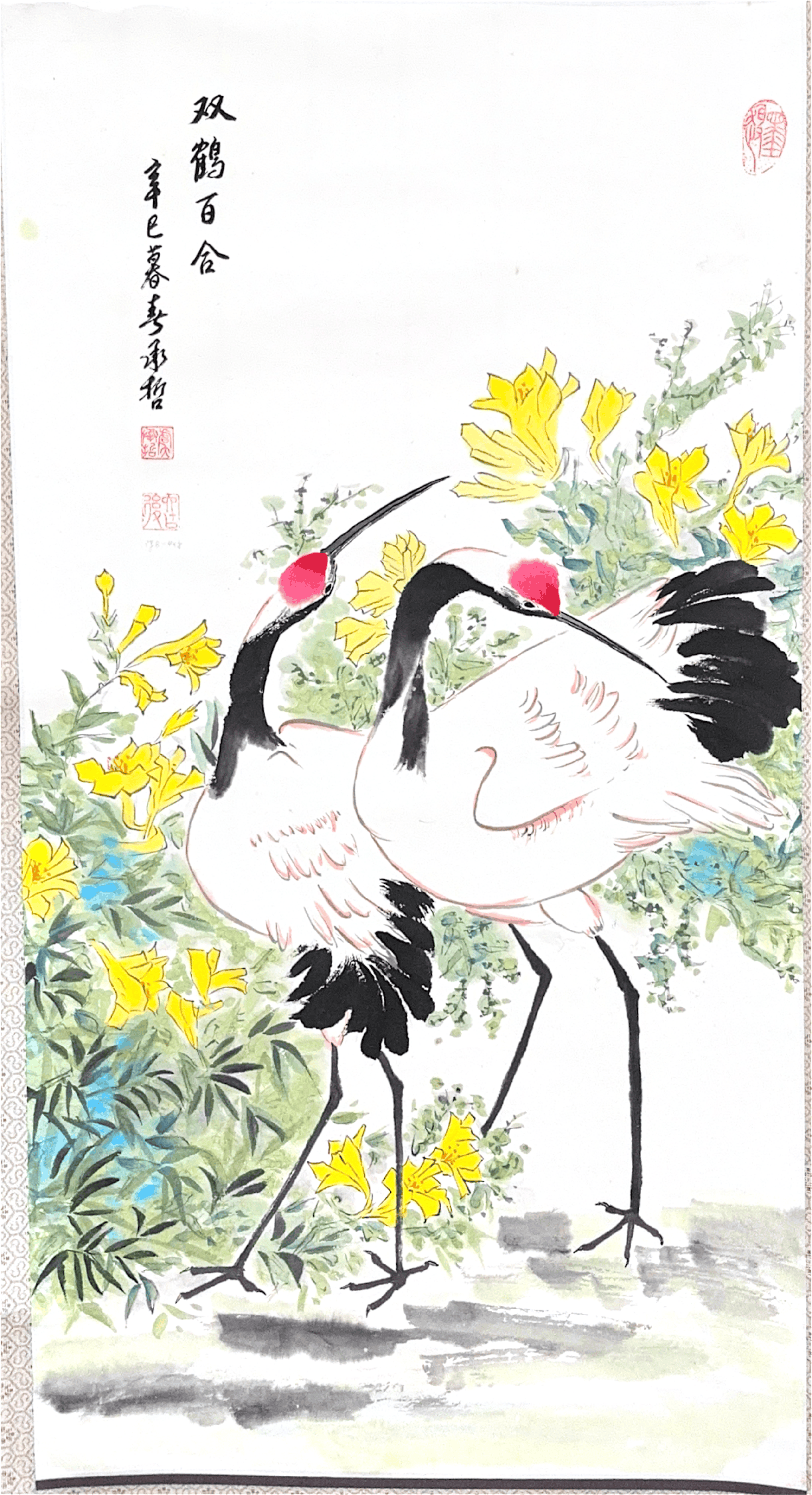 Two cranes among yellow flowers
